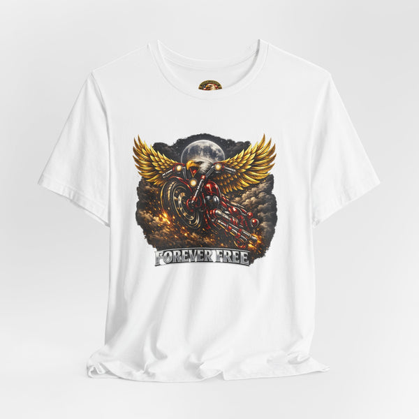 Forever Free Eagle on Motorcycle T-Shirt | Patriotic Red Chrome Biker Tee | CULUSA