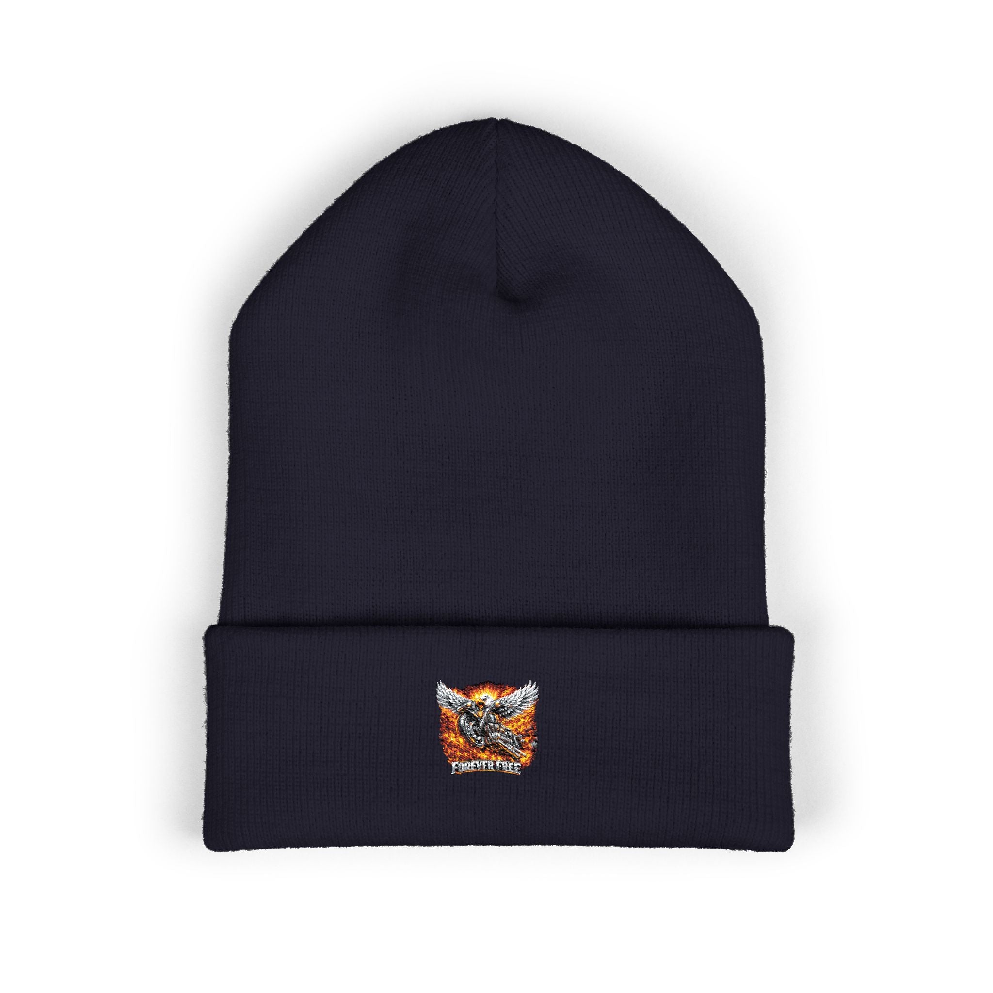 Eagle on Motorcycle Knit Hat - side profile cuffed beanie style