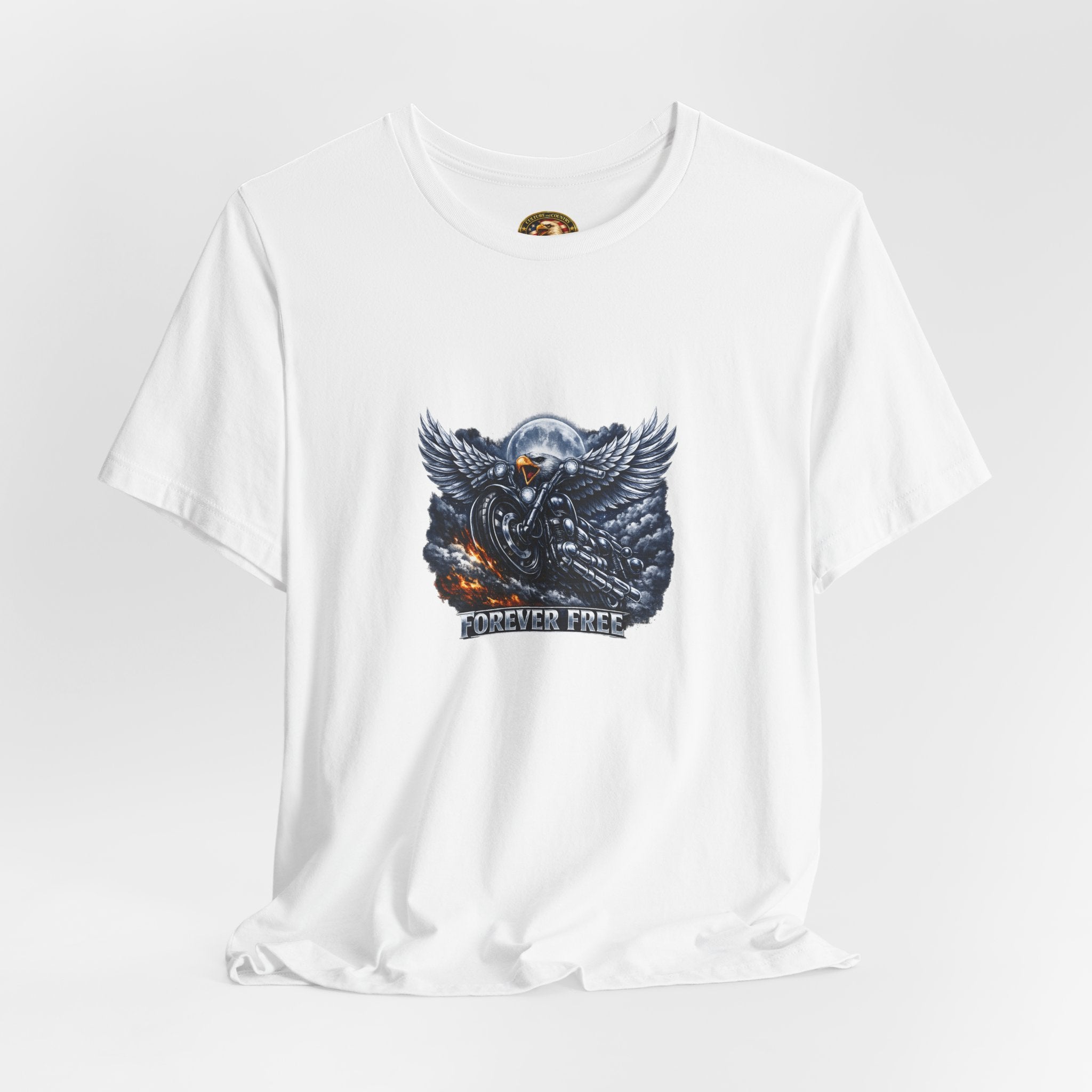 Forever Free Eagle on Motorcycle T-Shirt | Patriotic Blue Silver Biker Tee | CULUSA