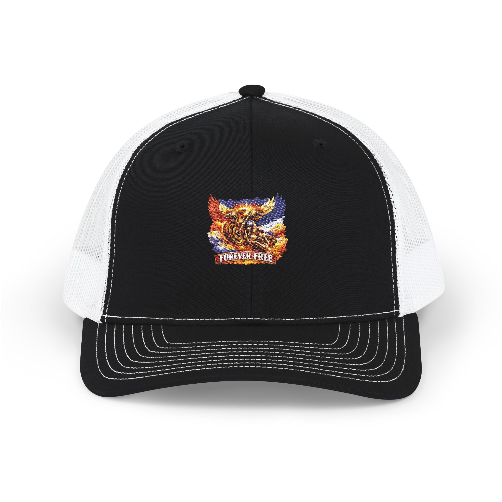 Eagle on Motorcycle Fire Fox Trucker Cap | Embroidered Patriotic Hat 