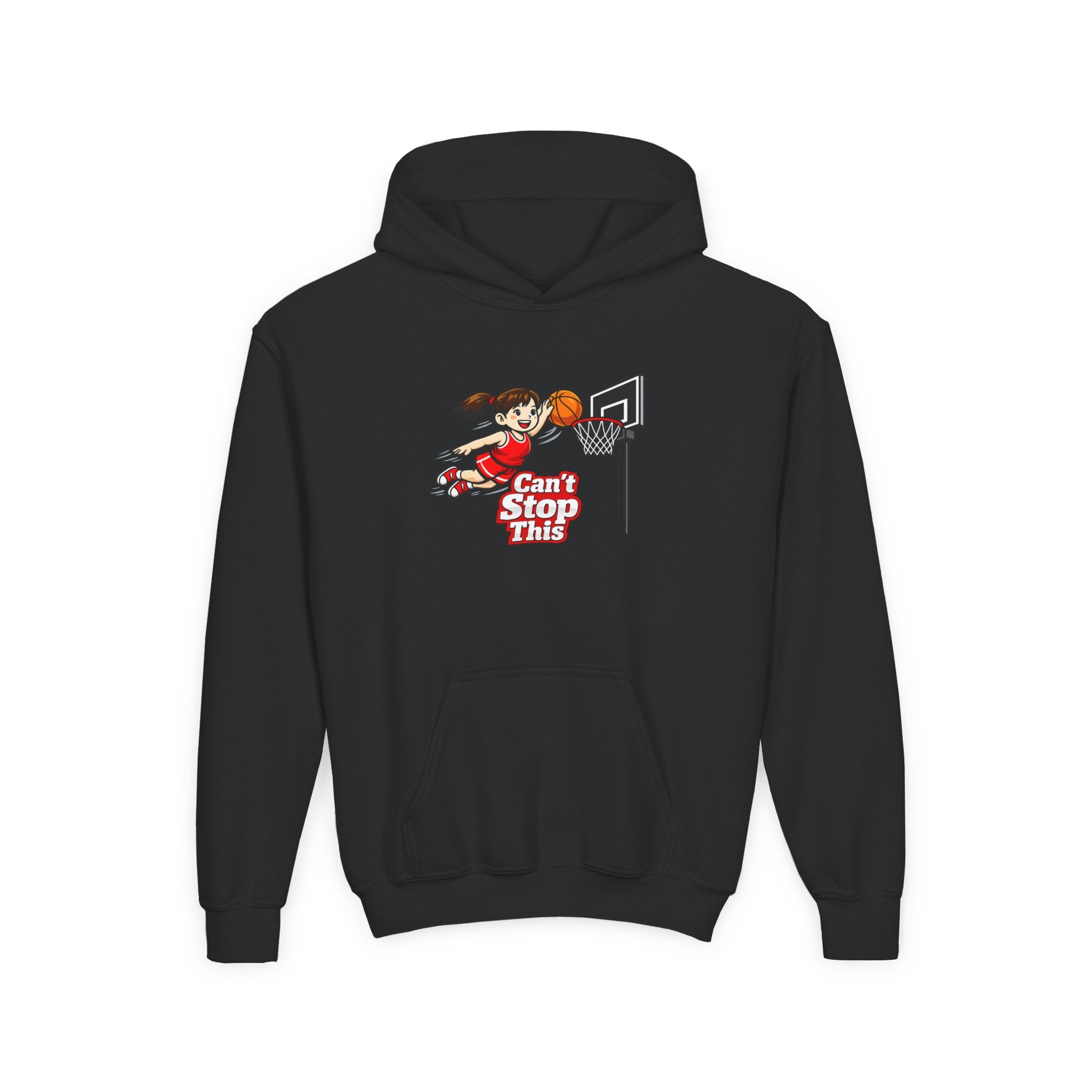 Can't Stop This Girl Youth Hoodie - front girl dunking basketball graphic