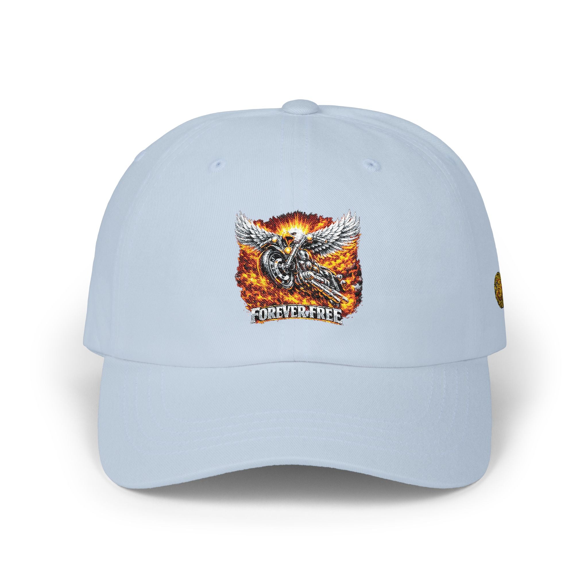 Eagle on Motorcycle Baseball Hat - side profile structured cap detail