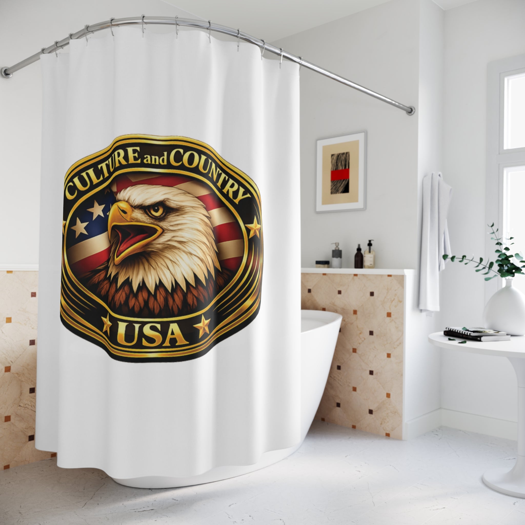 CULUSA Eagle Shower Curtain - detail eagle and flag graphic close-up