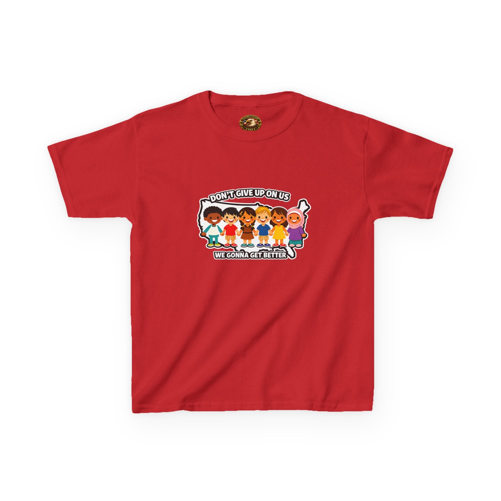 Diverse American Kids Youth T-Shirt - youth sizing flat lay reference