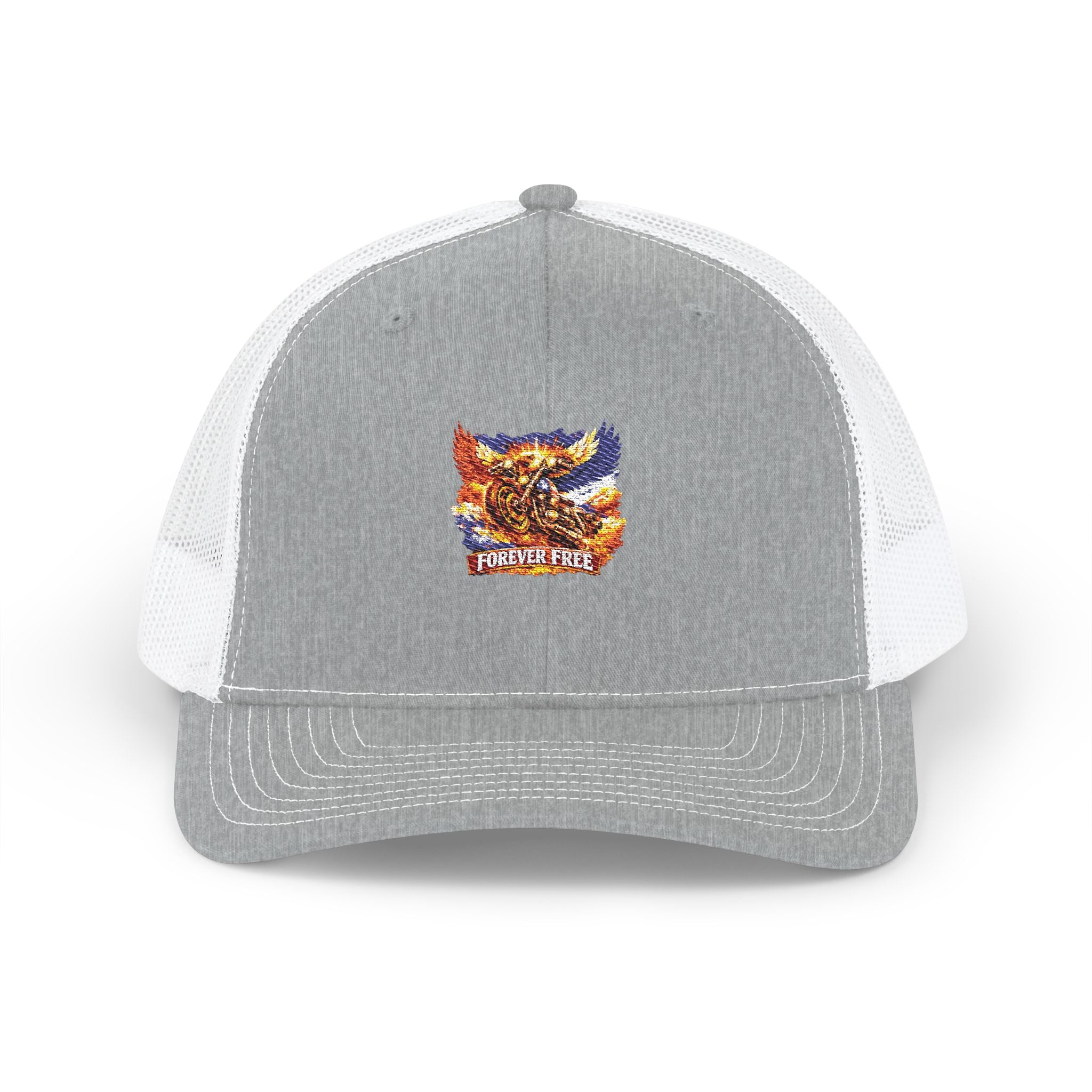 Eagle on Motorcycle Trucker Cap - front embroidered eagle graphic view