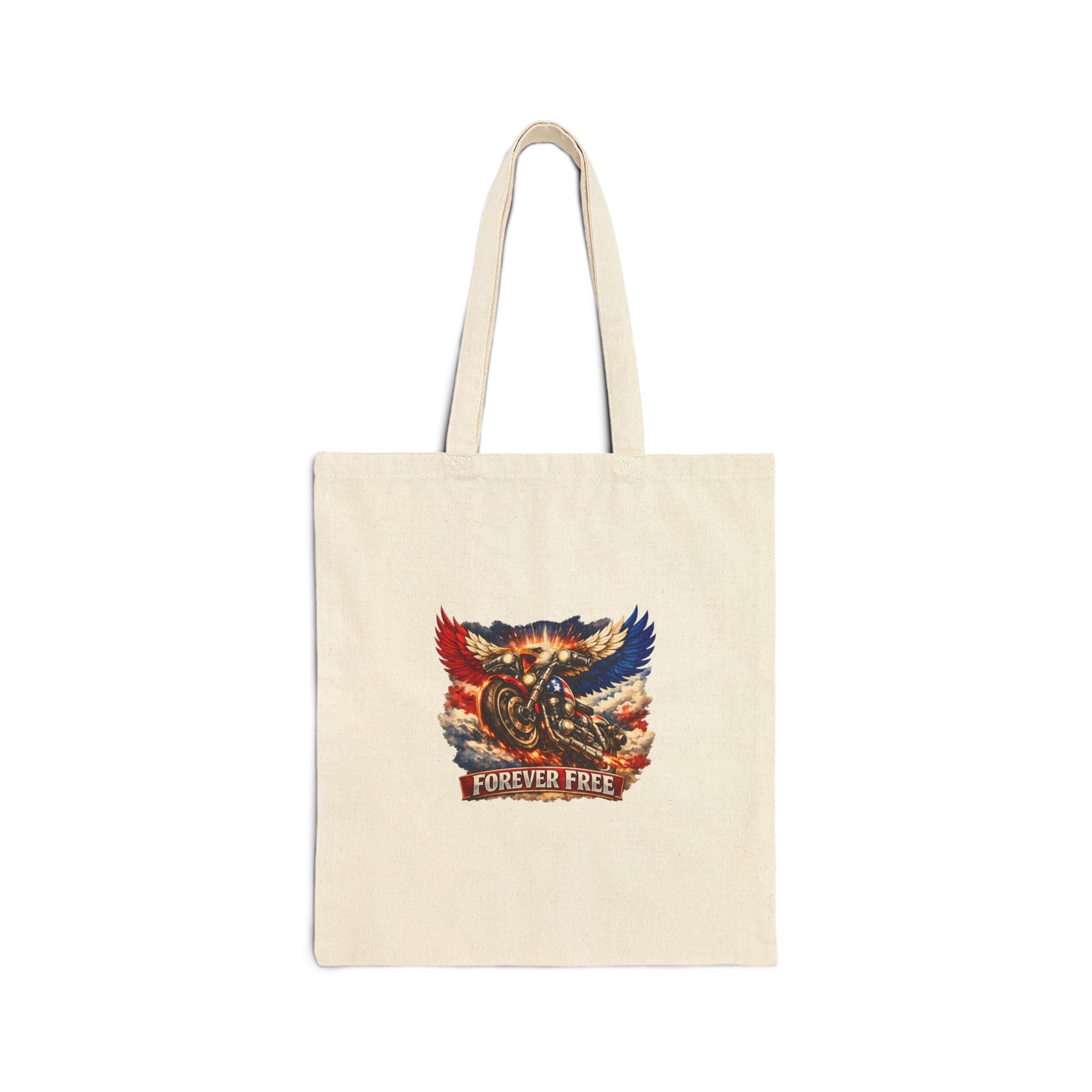 Eagle on Motorcycle Patriotic Tote Bag | Forever Free Cotton Canvas Shopper 