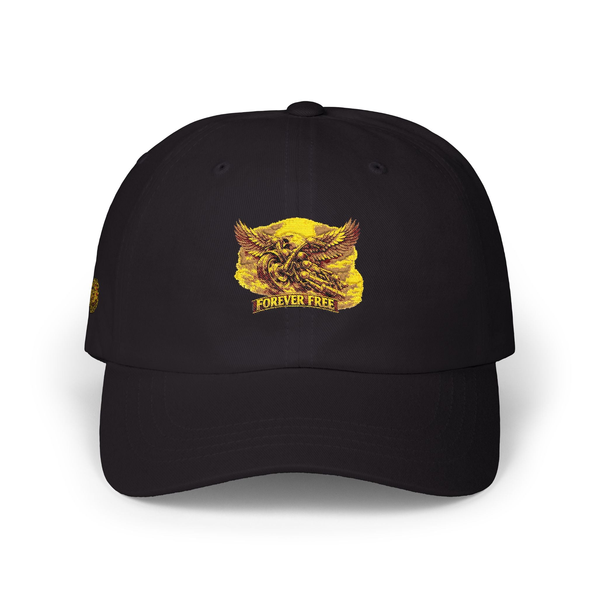 Eagle on Motorcycle Dad Cap - black colorway front view