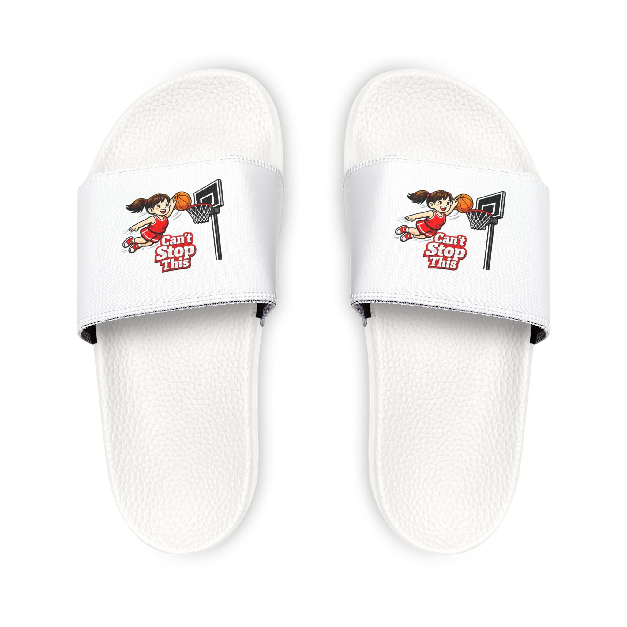 Can't Stop Girl |Youth Slide Sandals with Removable Strap | Girl Dunking Basketball