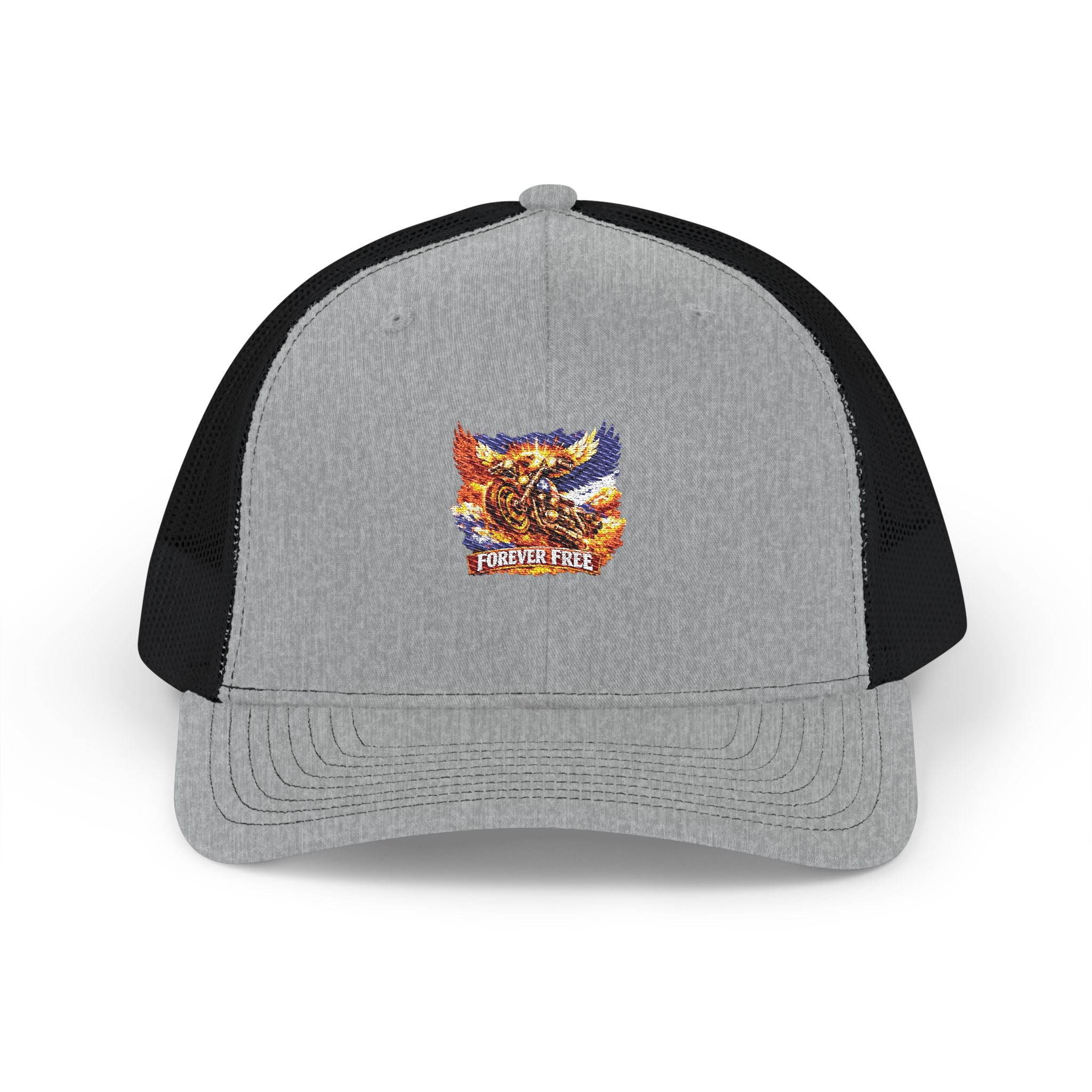 Eagle on Motorcycle Trucker Cap - navy colorway front view