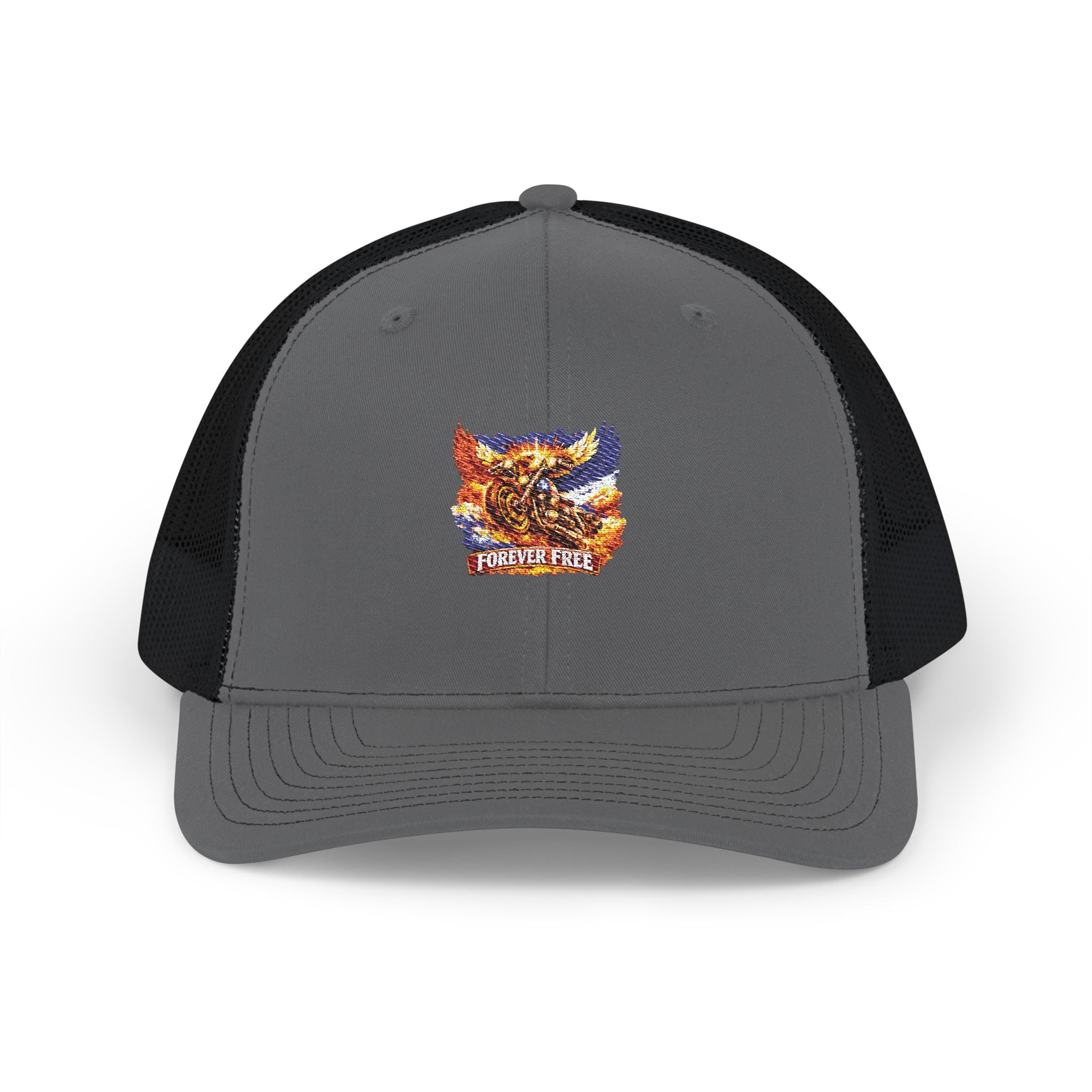 Eagle on Motorcycle Trucker Cap - black colorway front view