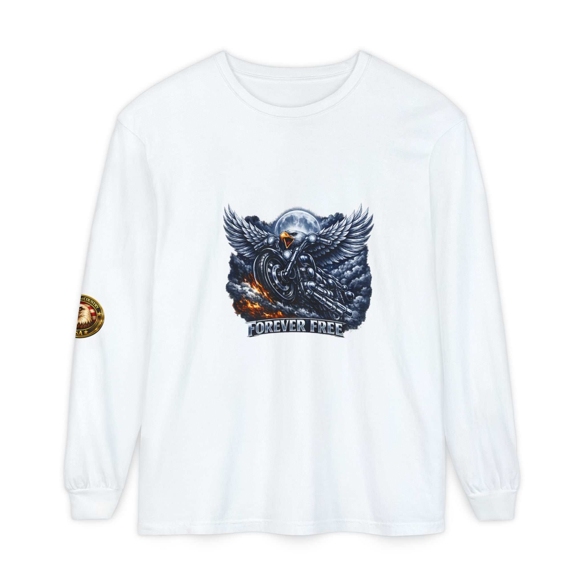 Forever Free Eagle Long Sleeve Shirt | Patriotic Blue & Silver Biker 