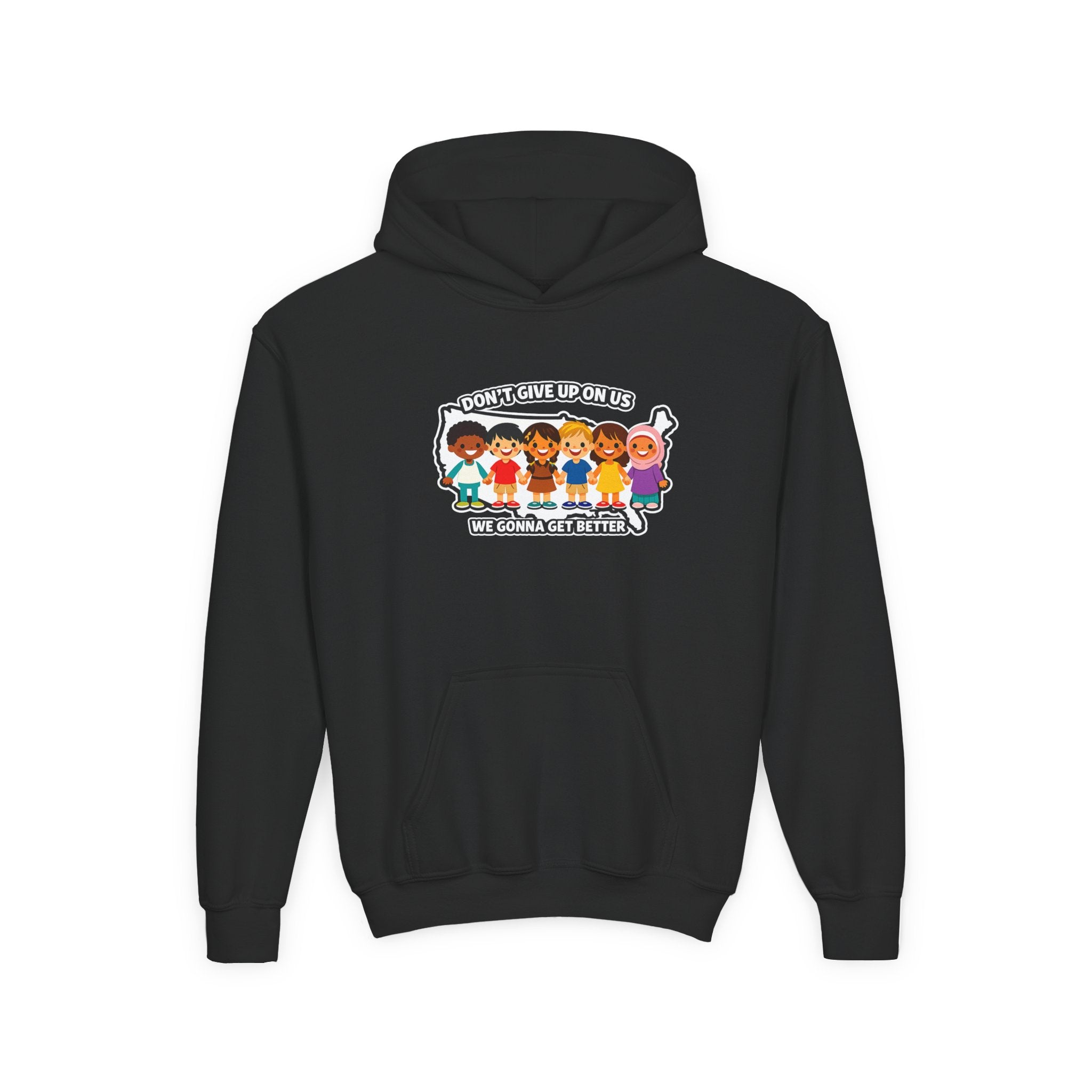Diverse American Kids Youth Hoodie - front inspirational message graphic view
