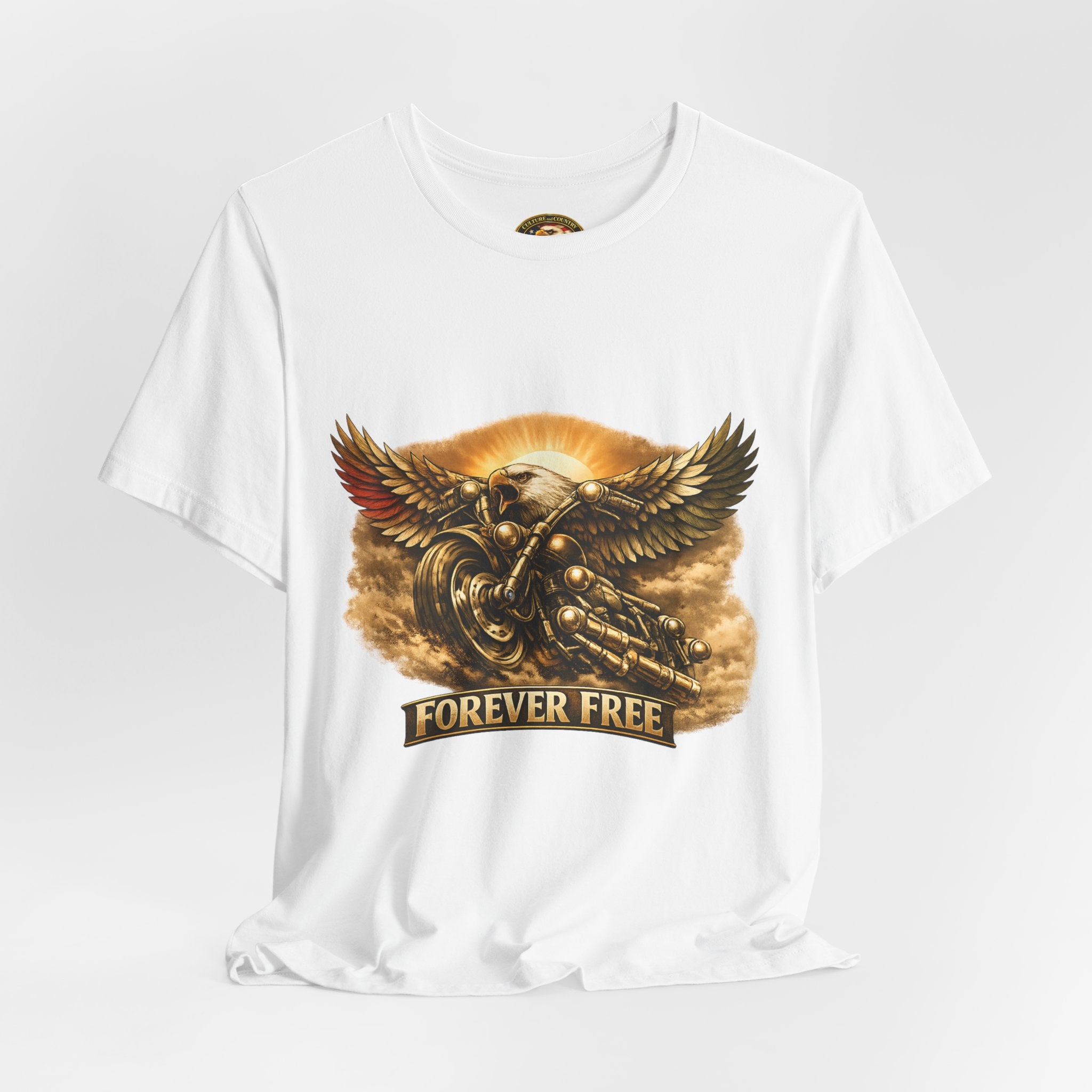 Forever Free Eagle Motorcycle T-Shirt | Patriotic Gold Biker Tee 