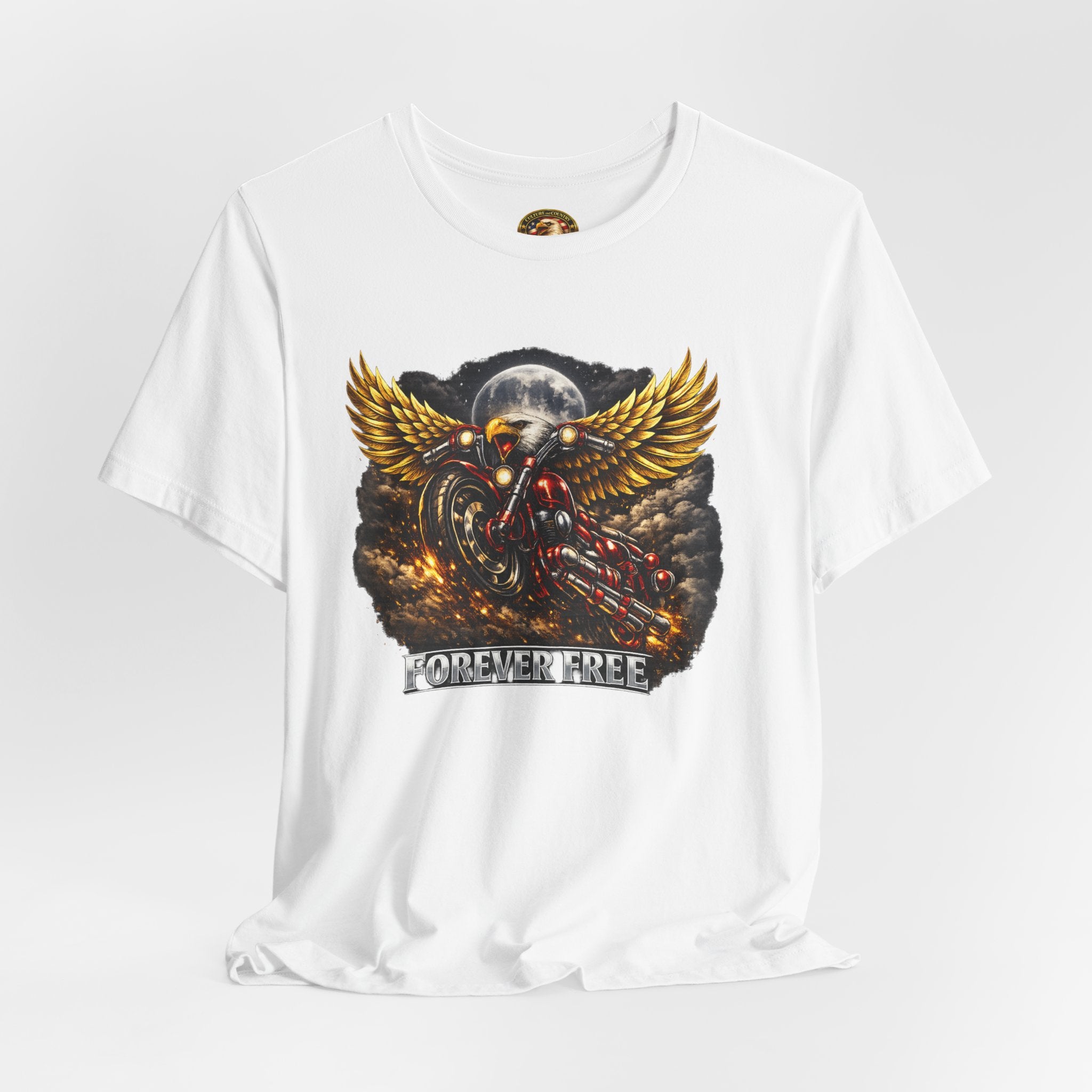 Forever Free Eagle on Motorcycle T-Shirt | Patriotic Red Chrome Biker Tee | CULUSA