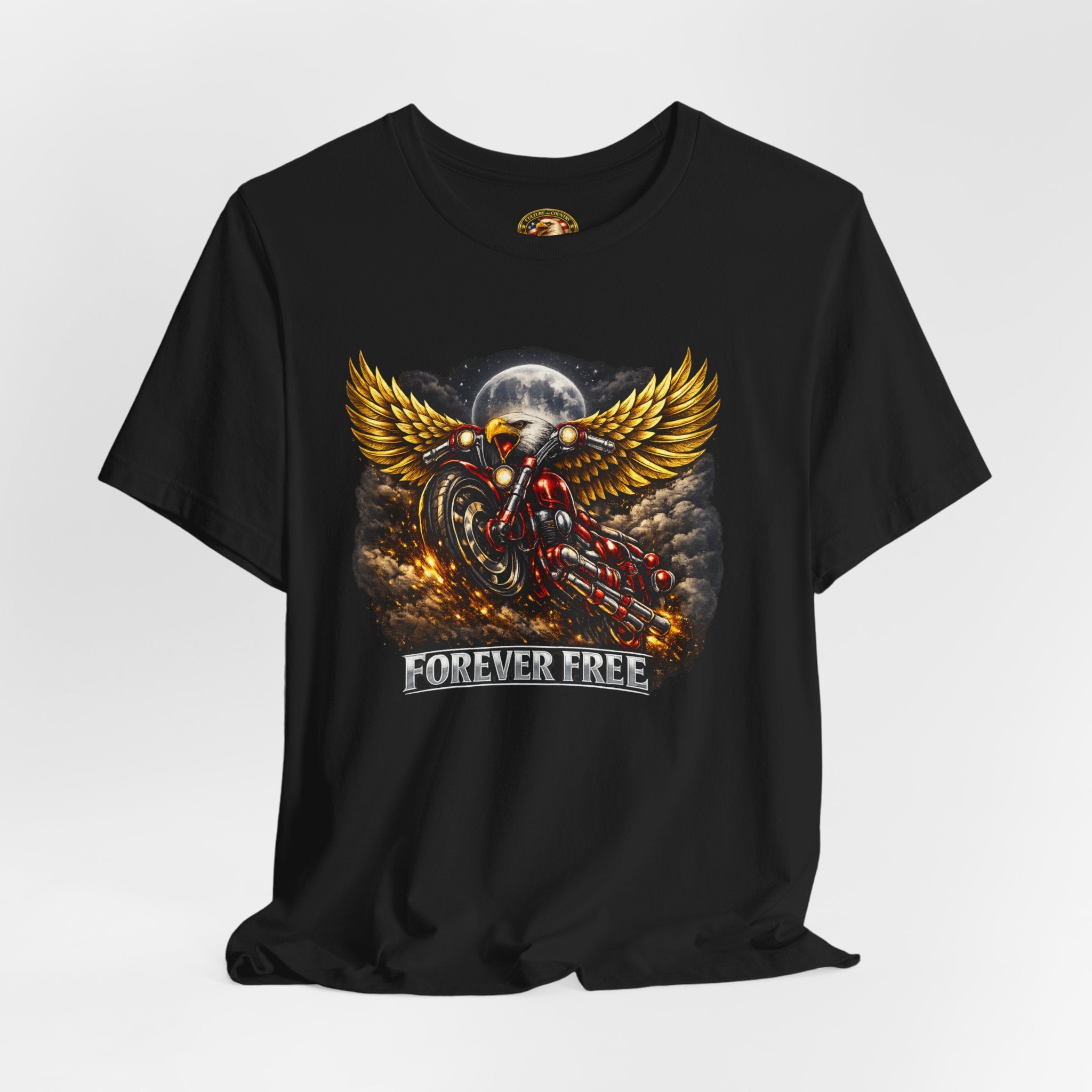 Forever Free Eagle Motorcycle T-Shirt - front patriotic red chrome eagle graphic