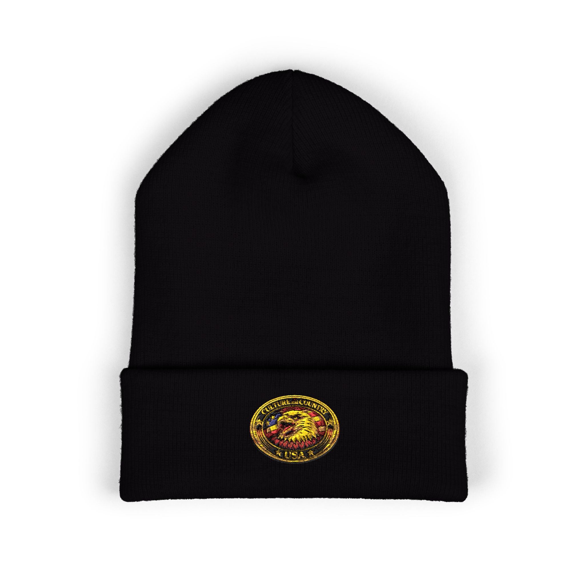 CULUSA Eagle Knit Hat - side profile cuffed beanie style view