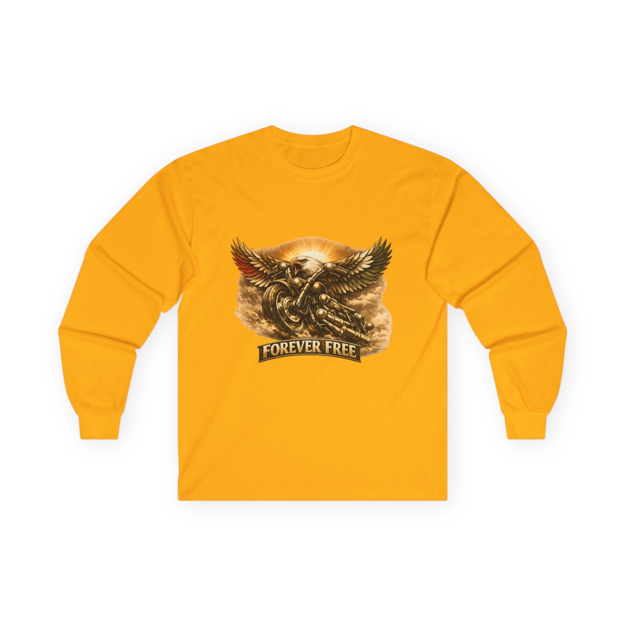Forever Free Eagle Long Sleeve - back eagle on motorcycle gold design