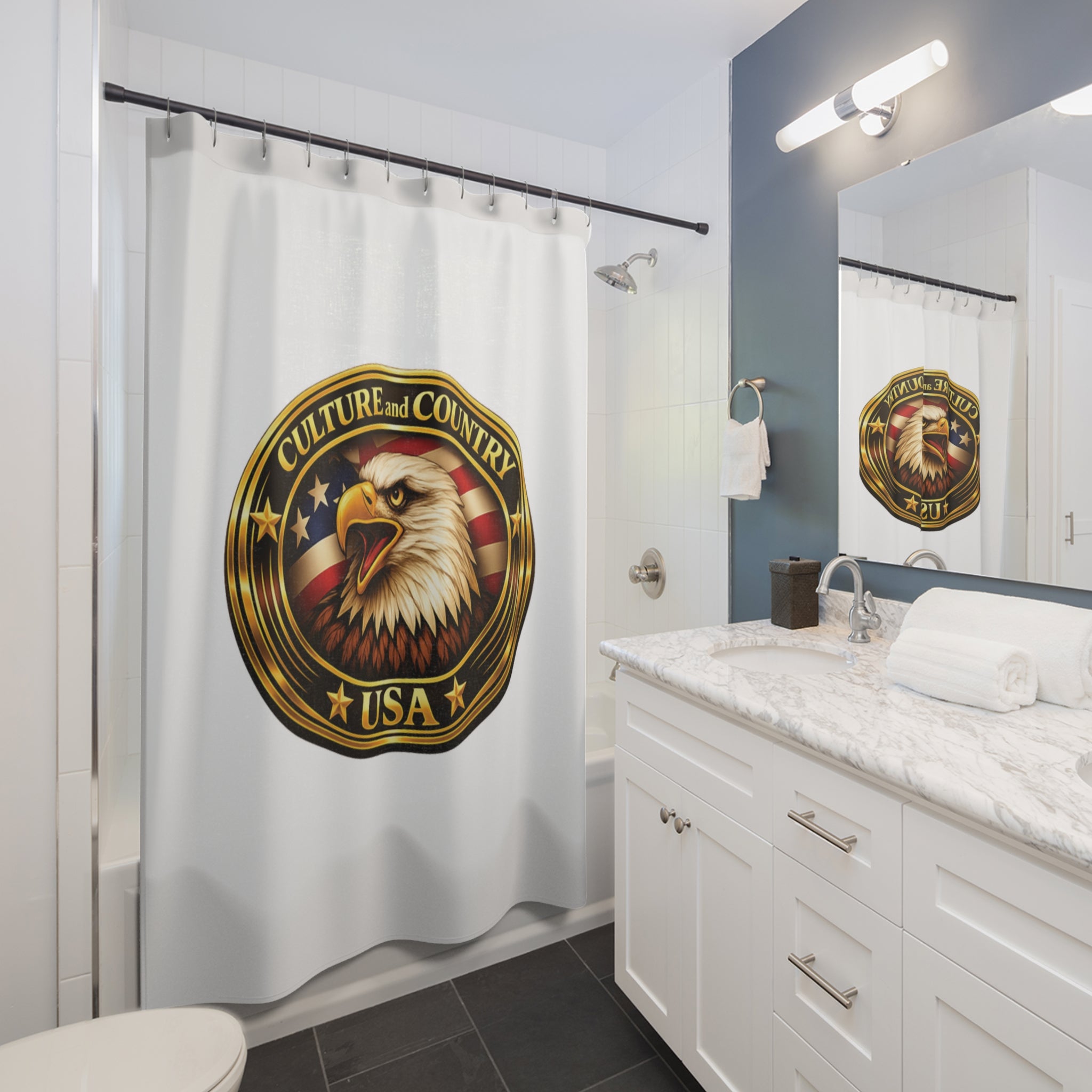 CULUSA Eagle Shower Curtain - hanging installed bathroom lifestyle view