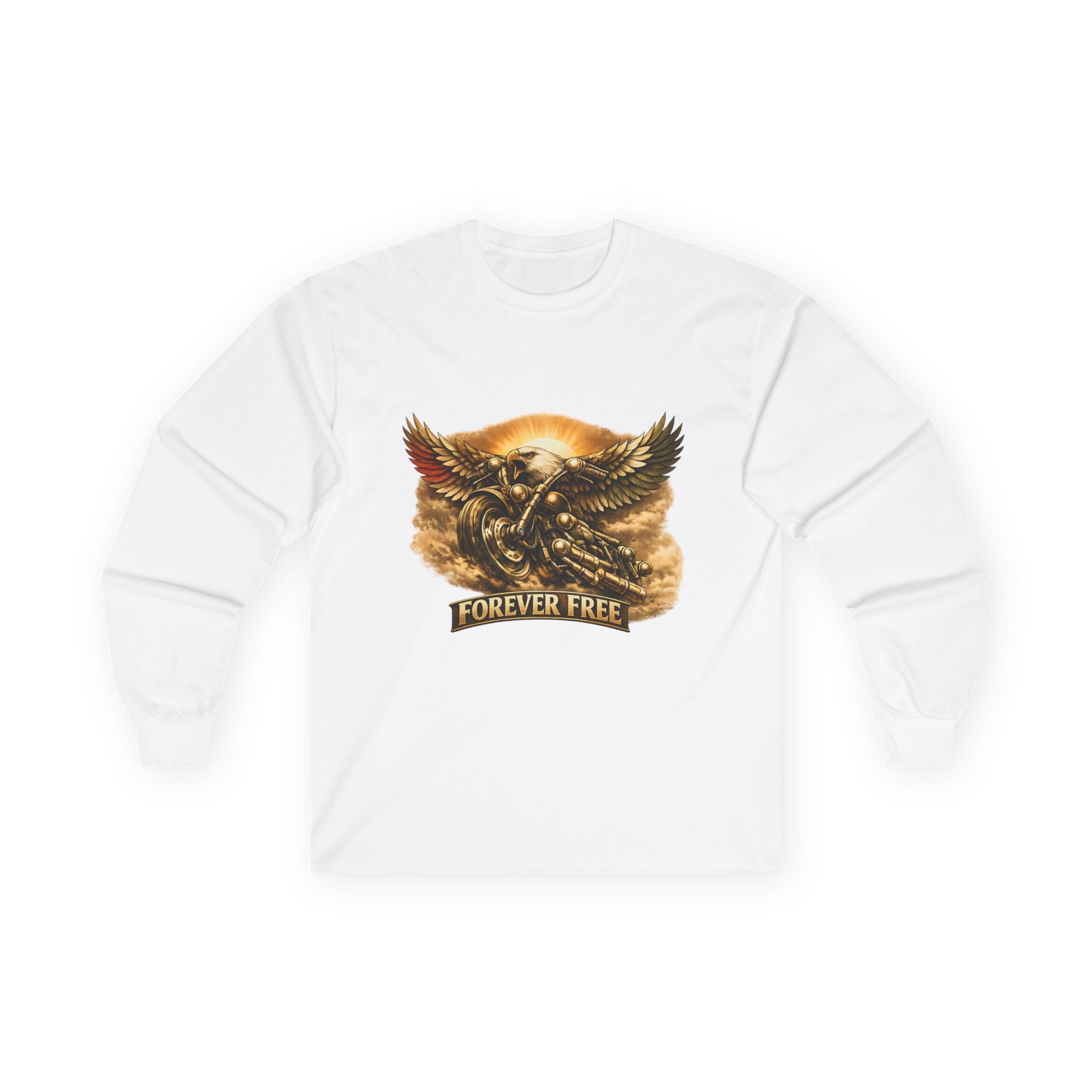 Forever Free Eagle Motorcycle Long Sleeve Shirt | Patriotic Gold Biker 