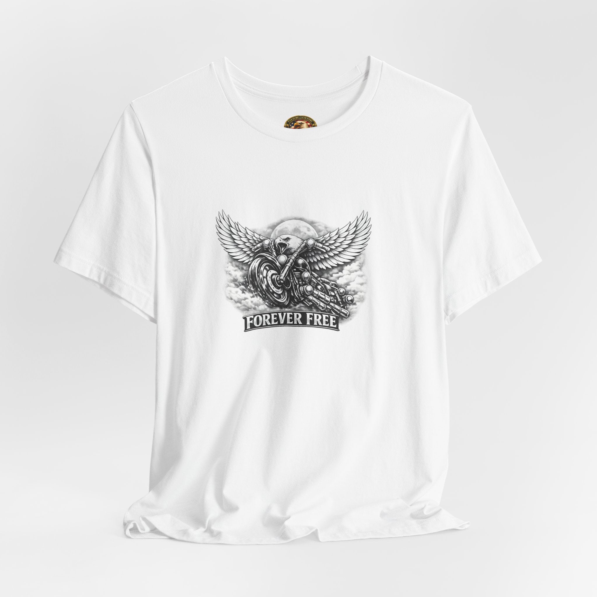 Forever Free Eagle Motorcycle T-Shirt | Patriotic Black & White Biker 