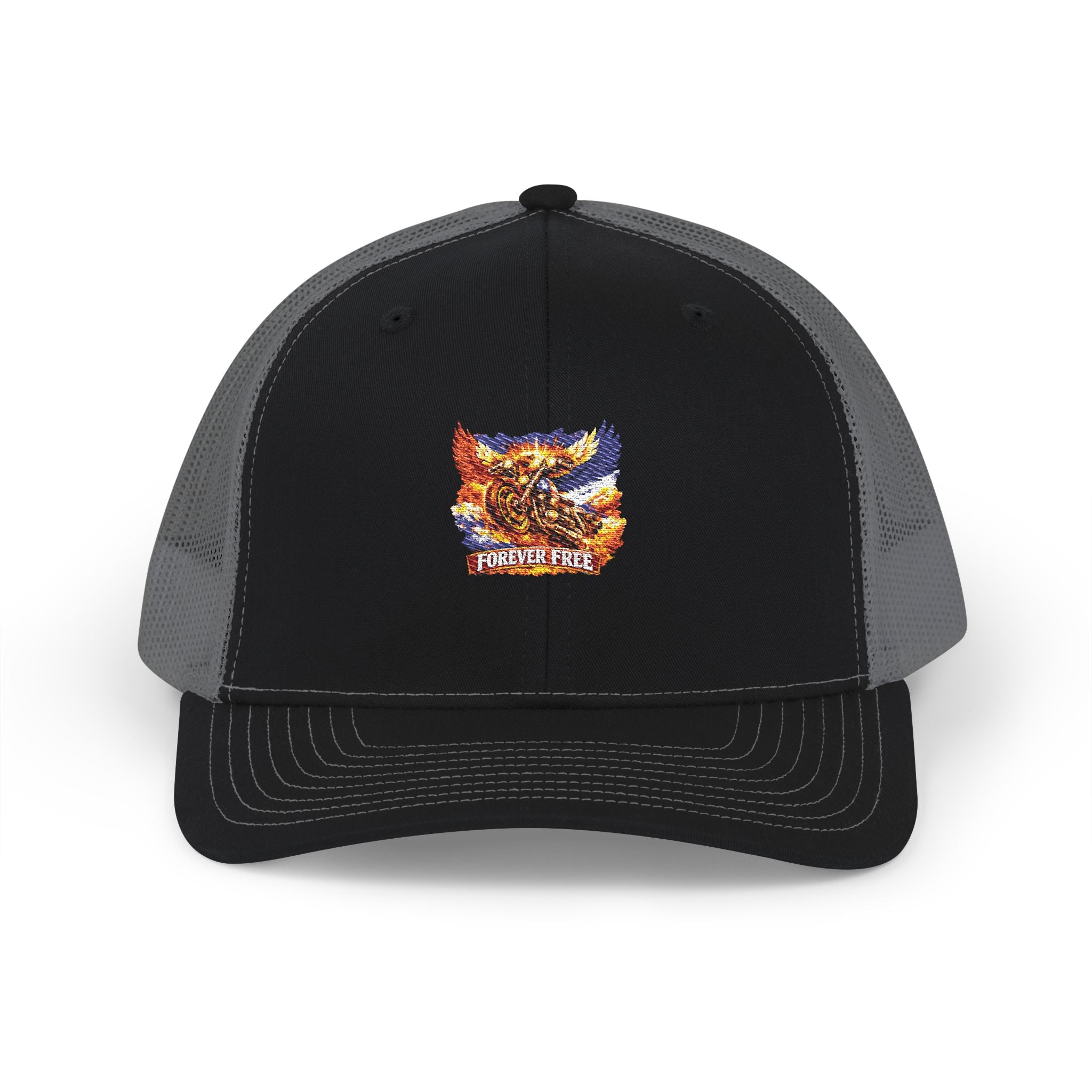 Eagle on Motorcycle Trucker Cap - side profile mesh back detail