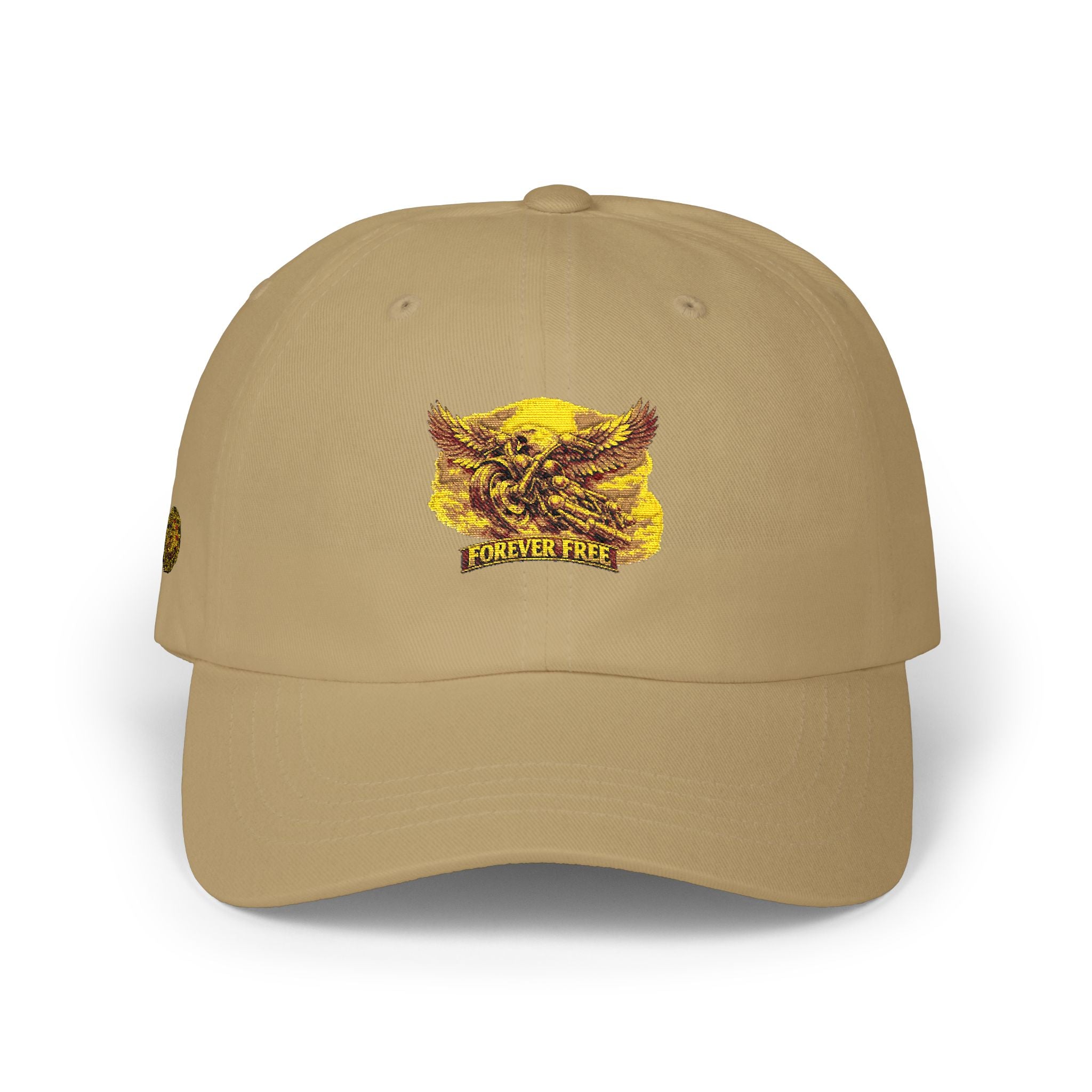 Eagle on Motorcycle Dad Cap - side profile unstructured low crown