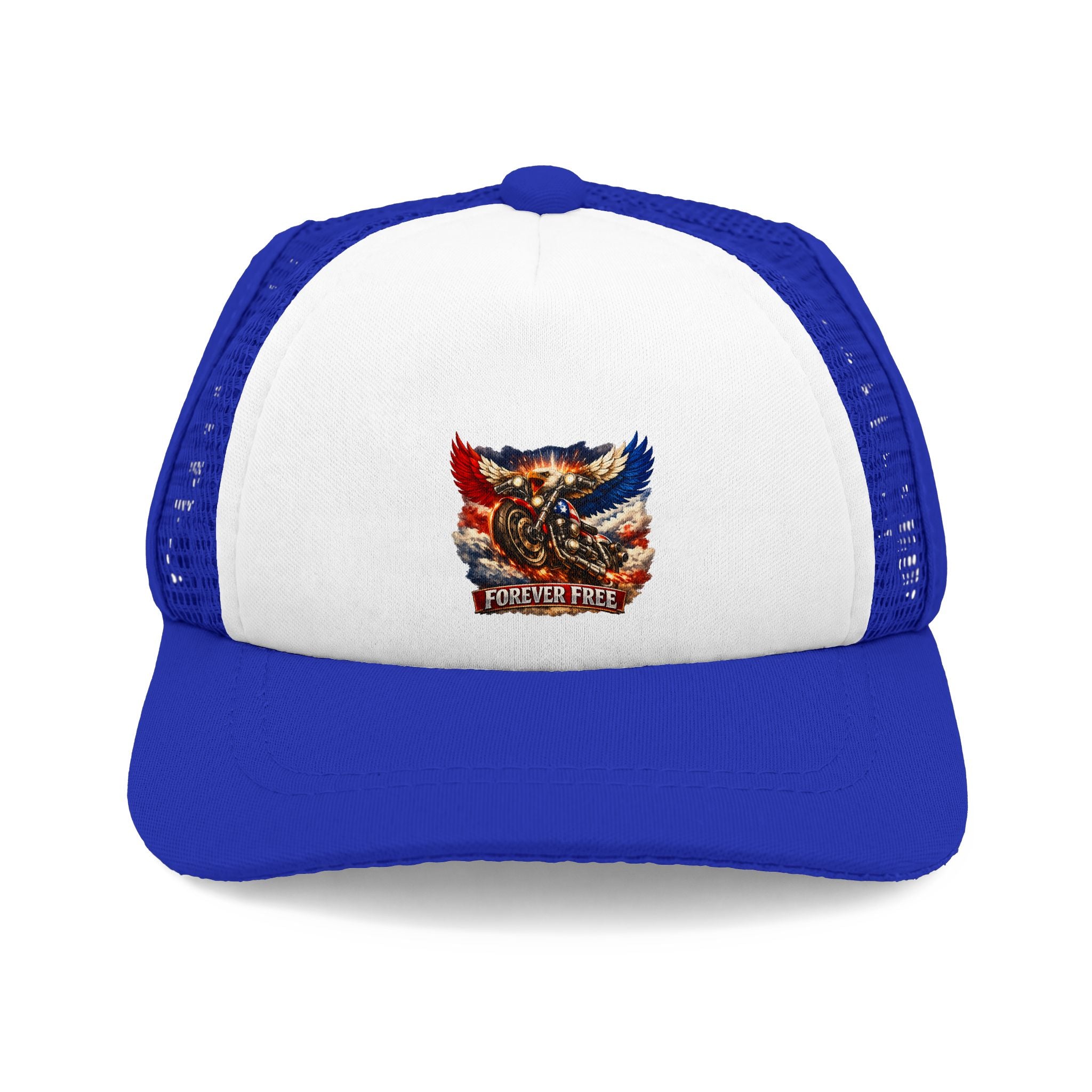 Forever Free Eagle Dog Trucker Hat - front eagle on motorcycle graphic