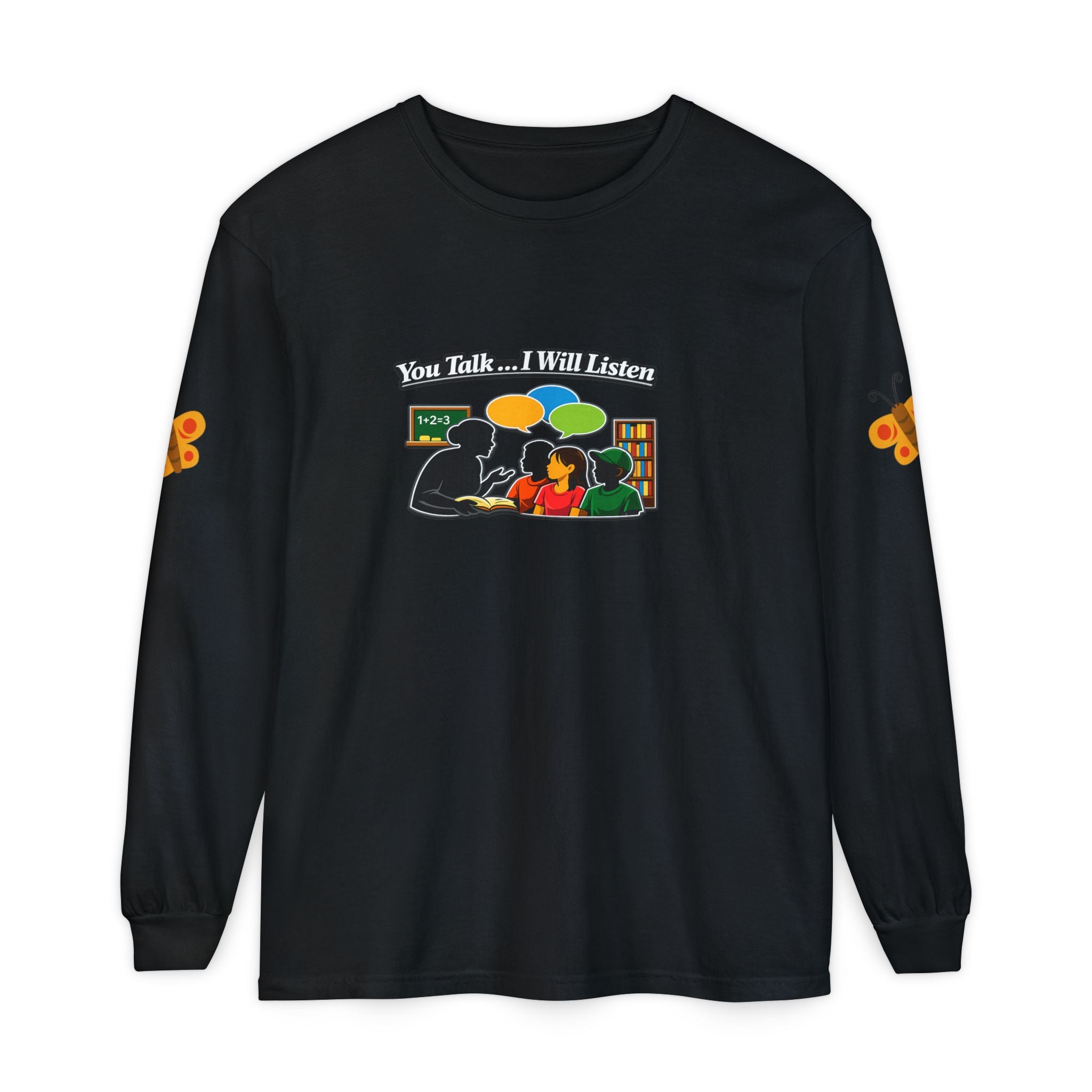 Teacher Student Conversation Youth Long Sleeve - black colorway front view