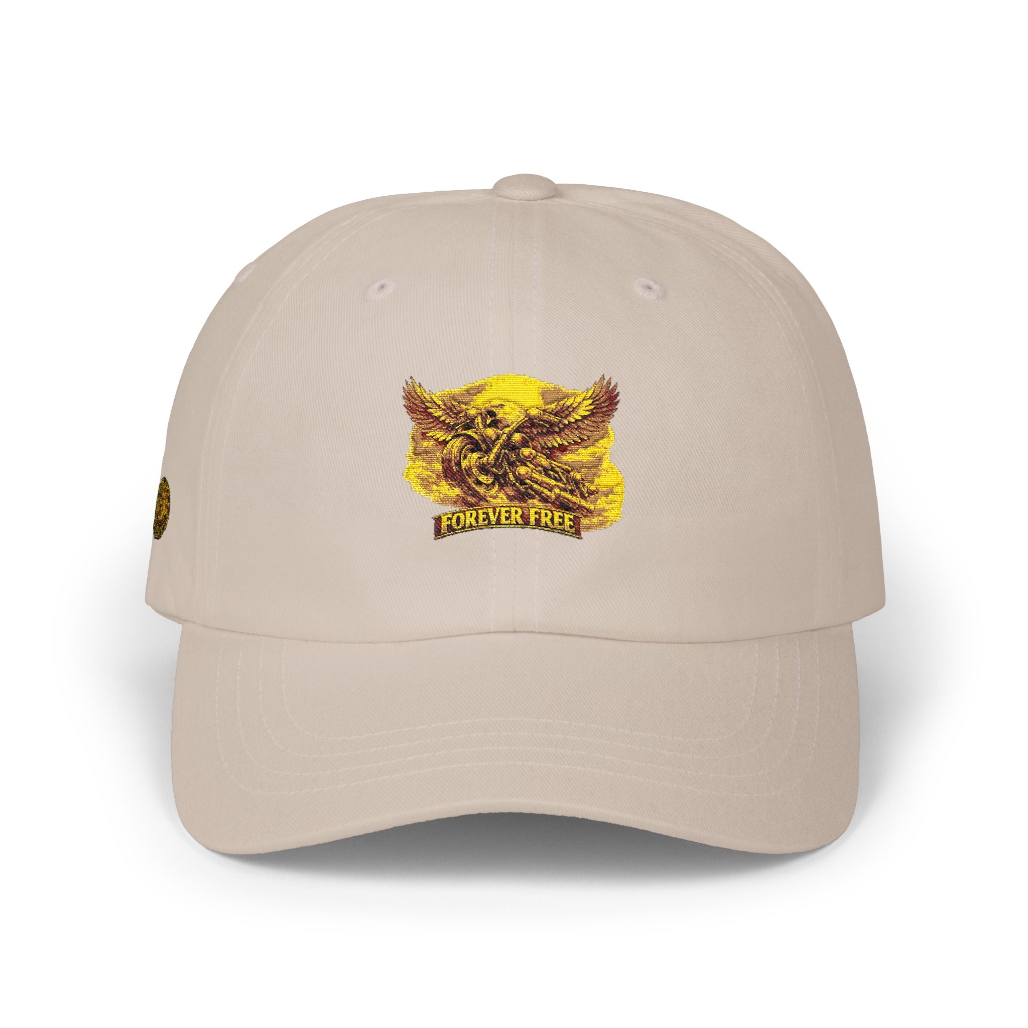 Eagle on Motorcycle Dad Cap - front embroidered eagle graphic view