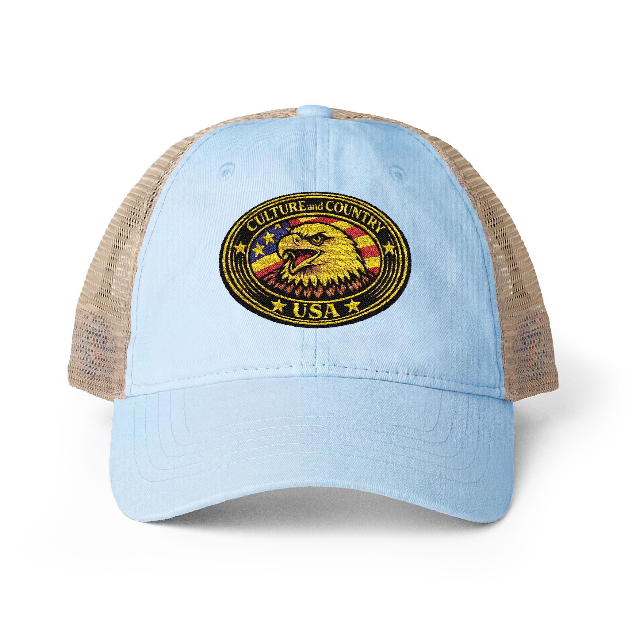 CULUSA Women's Mesh-Back Cap - front embroidered eagle USA flag view