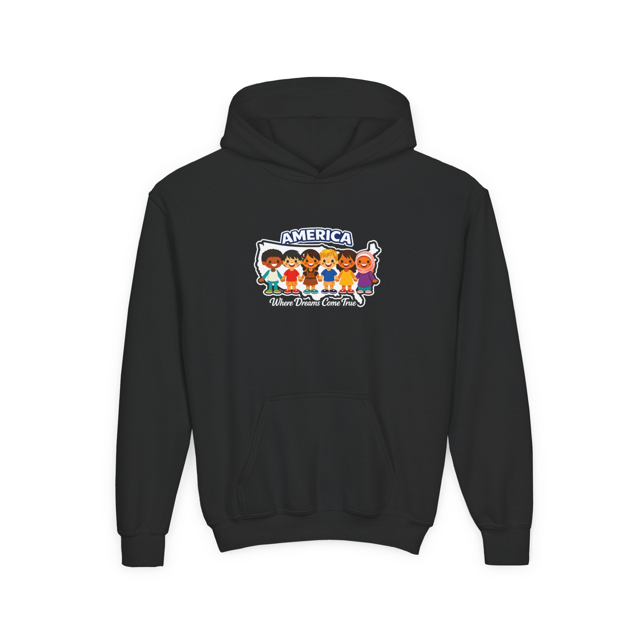 Diverse American Kids Youth Hoodie - front America dreams graphic view