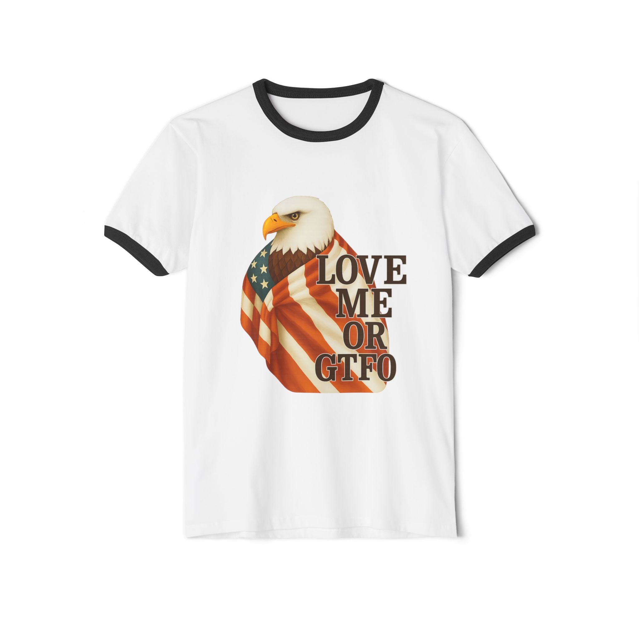 Love America or GTFO Ringer T-Shirt - black and white ringer colorway front view